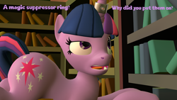 Size: 3840x2160 | Tagged: safe, artist:olkategrin, derpibooru import, twilight sparkle, pony, unicorn, comic:no moaning in the library, g4, 3d, bend over, bent over, book, bookshelf, butt, comic, dialogue, english, female, golden oaks library, large butt, lidded eyes, looking at self, looking at something, looking up, magic, magic suppression, mare, open mouth, room, sitting, source filmmaker, surprised, tail, tail aside, talking, talking to herself, teeth, text