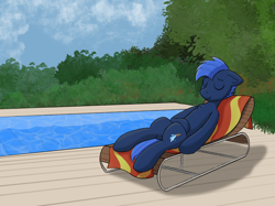 Size: 2732x2048 | Tagged: safe, artist:single purpose, derpibooru import, oc, oc:skidfin, earth pony, chair, eyes closed, relaxing, solo, swimming pool, towel