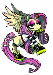 Size: 1240x1754 | Tagged: safe, artist:jully-park, derpibooru import, fluttershy, pegasus, pony, spider, clothes, ear piercing, earring, edgy, edgyshy, eyeshadow, female, fluttergoth, gameloft interpretation, goth fluttershy, hairclip, jewelry, makeup, mare, piercing, shoes, simple background, solo, white background, wip