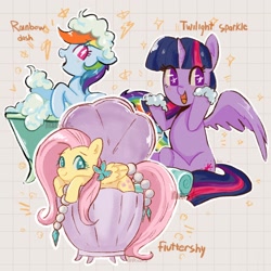 Size: 2048x2048 | Tagged: safe, artist:haibiscuits, derpibooru import, fluttershy, rainbow dash, twilight sparkle, twilight sparkle (alicorn), alicorn, pegasus, pony, g4, bathtub, clam, cute, dashabetes, female, looking at you, mare, open mouth, open smile, shyabetes, sink, smiling, smiling at you, suds, toy interpretation, twiabetes