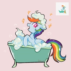 Size: 1850x1850 | Tagged: safe, artist:haibiscuits, derpibooru import, rainbow dash, pegasus, pony, bathtub, cute, dashabetes, female, mare, pink background, screencap reference, simple background, solo, suds, toy interpretation, wingding eyes