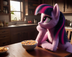 Size: 1291x1023 | Tagged: safe, ai content, derpibooru import, generator:bing image creator, generator:dall-e 3, machine learning generated, twilight sparkle, pony, robot, robot pony, bowl, cereal, clothes, cute, detailed, detailed background, female, food, hole, looking at something, mane, mare, metal, quality, realistic, room, scope, twibot, uniform, window