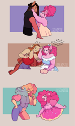 Size: 2000x3345 | Tagged: safe, artist:lesghostie, derpibooru import, pinkie pie, oc, oc:guadalupe poppy corn pie, oc:james jester pie, oc:simon cinnamon pie, anthro, earth pony, bare shoulders, beige background, clown, clown nose, ear pull, female, freckles, hair over eyes, height difference, high res, male, mare, mother and child, mother and daughter, mother and son, offspring, parent and child, parent:cheese sandwich, parent:pinkie pie, parents:cheesepie, red nose, simple background, spanish, stallion, tongue, tongue out