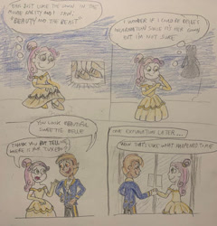 Size: 400x417 | Tagged: safe, artist:13mcjunkinm, derpibooru import, button mash, sweetie belle, human, equestria girls, alternate hairstyle, beauty and the beast, belle, clothes, dress, female, gown, holding hands, humanized, looking at each other, looking at someone, male, namesake, pondering, pun, shipping, smiling, smiling at each other, story included, straight, suit, sweetiemash, traditional art, visual pun