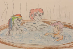 Size: 400x272 | Tagged: safe, artist:13mcjunkinm, derpibooru import, rainbow dash, scootaloo, windy whistles, human, equestria girls, ^^, adopted, adopted offspring, eyes closed, family, female, freckles, hot tub, humanized, mother and child, mother and daughter, open mouth, open smile, parent and child, scootadoption, siblings, sisters, smiling, traditional art