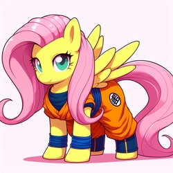 Size: 1024x1024 | Tagged: safe, ai content, derpibooru import, machine learning generated, fluttershy, pegasus, pony, crossover, cute, dragon ball, female, gi, looking at you, mare, prompter:chadwoo0720, shyabetes, simple background, smiling, smiling at you, solo, son goku, white background
