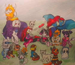 Size: 3340x2874 | Tagged: safe, artist:mettaton, derpibooru import, alicorn, cat, dog, dragon, ghost, human, pegasus, pony, spider, undead, unicorn, alphys, asgore dreemurr, big ears, bone, chara, clothes, dress, ears, flower, flowey, frisk, glasses, headphones, humanized, mettaton, mettaton ex, monster kid, muffet, napstablook, papyrus (undertale), sans (undertale), skeleton, suit, sweater, temmie, toby fox, toriel, undertale, undyne