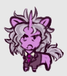 Size: 310x350 | Tagged: safe, artist:mr.catfish, derpibooru import, unicorn, equestria at war mod, angry, annoyed, chibi, clothes, female, frizzy hair, frown, gray background, gray mane, jacket, looking at you, necktie, purple fur, simple background, solo