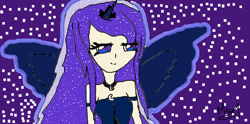 Size: 750x371 | Tagged: safe, artist:maitaniyamaghostmag, derpibooru import, princess luna, anthro, anime eyes, cute, female, lunabetes, purple background, simple background, solo, spread wings, wings