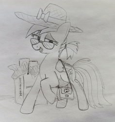 Size: 2491x2627 | Tagged: safe, artist:dhm, derpibooru import, rainbow dash, pegasus, pony, faic, glasses, hat, monochrome, shopping, sketch, smug, smugdash, solo, traditional art