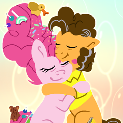 Size: 800x800 | Tagged: safe, artist:lindasaurie, derpibooru exclusive, derpibooru import, cheese sandwich, pinkie pie, earth pony, pony, abstract background, candy, cheek squish, cheesepie, clothes, duo, duo male and female, eyes closed, female, food, hair accessory, height difference, hug, lineless, lollipop, love, male, mare, older, older cheese sandwich, older pinkie pie, plushie, rubber duck, shipping, shirt, smiling, squishy cheeks, stallion, straight, teddy bear