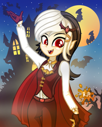 Size: 2015x2490 | Tagged: safe, artist:rjp.rammy, derpibooru import, oc, oc:alicia satrina, bat, undead, vampire, equestria girls, cape, castle, clothes, dracula, fangs, female, halloween, holiday, solo