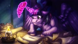 Size: 3840x2160 | Tagged: safe, artist:lupiarts, derpibooru import, twilight sparkle, twilight sparkle (alicorn), alicorn, pony, g4, candle, chest fluff, commission, female, inkwell, magic, mare, quill, scroll, solo, stressed, sweat, telekinesis, unshorn fetlocks