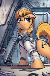 Size: 512x768 | Tagged: safe, ai content, derpibooru import, editor:primortal, generator:novelai, generator:stable diffusion, machine learning assisted, machine learning generated, oc, oc only, oc:clockwork queen, oc:stella highstep, earth pony, pony, fallout equestria, boss lady, clothes, elitist, fallout, flashback, jumpsuit, overmare, overseer, past, pre-roboticization, smug, snooty, stable, stable-tec, war never changes