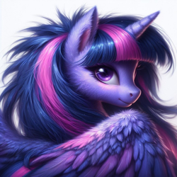 Size: 1024x1024 | Tagged: safe, ai content, derpibooru import, generator:bing image creator, machine learning generated, twilight sparkle, twilight sparkle (alicorn), alicorn, pony, ear fluff, ears, female, fluffy, looking at you, mare, messy mane, simple background, smiling, smiling at you, solo, spread wings, white background, wings