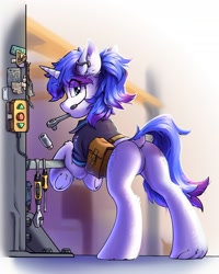 Size: 1396x1741 | Tagged: safe, artist:ravistdash, derpibooru import, oc, oc only, pony, unicorn, bag, bipedal, bipedal leaning, butt, dock, featureless crotch, female, headphones, headset, leaning, mare, mechanic, microphone, mouth hold, plot, saddle bag, screwdriver, solo, tail, wrench