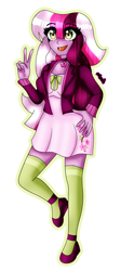 Size: 1269x2829 | Tagged: safe, artist:dazzlingmimi, derpibooru import, cherry blossom (g3), human, equestria girls, g3, clothes, cutie mark on clothes, equestria girls-ified, g3 to equestria girls, generation leap, not cheerilee, open mouth, peace sign, simple background, transparent background