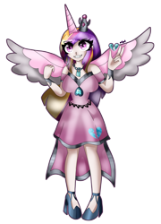 Size: 3443x4769 | Tagged: safe, artist:dazzlingmimi, derpibooru import, idw, princess cadance, human, reflections, spoiler:comic, evil cadance, evil grin, grin, horn, horned humanization, human cadance, human coloration, humanized, simple background, smiling, transparent background, winged humanization, wings