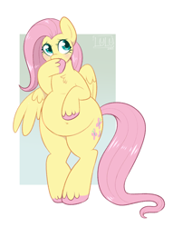 Size: 794x1038 | Tagged: safe, artist:lulubell, derpibooru import, fluttershy, pegasus, pony, adorafatty, belly, belly button, big belly, bipedal, blushing, chubby, cute, fat, fattershy, female, freckles, mare, shyabetes, solo