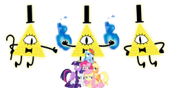 Size: 1909x988 | Tagged: safe, derpibooru import, applejack, fluttershy, pinkie pie, rainbow dash, rarity, twilight sparkle, twilight sparkle (alicorn), alicorn, earth pony, pegasus, pony, unicorn, g4, bill cipher, crossover, fire, fire magic, full friendships magic, gravity falls, mane six, simple background, transparent background