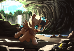 Size: 3600x2500 | Tagged: safe, artist:nihithebrony, derpibooru import, oc, oc:sun light, pegasus, pony, badge, brooch, cave, clothes, commission, cute, day, daylight, daytime, detailed background, female, filly, flying, foal, green eyes, jewelry, lens flare, moss, open mouth, open smile, pegasus oc, river, rock, scarf, searching, smiling, solo, spread wings, stream, tree, vine, water, waterfall, wings