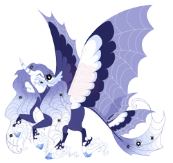 Size: 3600x3400 | Tagged: safe, artist:gigason, derpibooru import, oc, oc only, oc:purpurea, alicorn, pony, spider, alicorn oc, bald face, big eyelashes, blaze (coat marking), blue eyes, cloven hooves, coat markings, colored eyelashes, colored hooves, colored wings, curved horn, ear fluff, ear tufts, ears, ears back, facial markings, fangs, female, gradient hooves, gradient mane, gradient tail, horn, hybrid wings, leonine tail, long fetlocks, looking back, magical lesbian spawn, mare, multicolored wings, multiple wings, obtrusive watermark, offspring, pale belly, parent:oc:misumena, parent:princess luna, parents:canon x oc, simple background, solo, spread wings, striped horn, tail, transparent background, transparent wings, unshorn fetlocks, watermark, wings