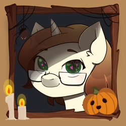 Size: 2000x2000 | Tagged: safe, alternate version, artist:erein, derpibooru import, oc, oc:shinary, crystal pony, pony, spider, unicorn, bust, candle, chibi, commission, crystal pony oc, ears up, frame, glasses, halloween, heart, heart eyes, holiday, icon, jack-o-lantern, male, nightmare night, portrait, pumpkin, solo, wingding eyes, ych result