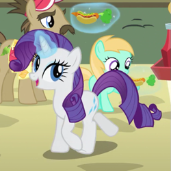 Size: 515x515 | Tagged: safe, derpibooru import, edit, edited screencap, screencap, globe trotter, rarity, earth pony, pony, unicorn, rarity takes manehattan, season 4, carrot, carrot dog, cropped, fast food, female, filly, foal, food, food stand, generosity, generosity song, glowing, glowing horn, happy, horn, ketchup, male, manehattan, rosy gold, sauce, street food