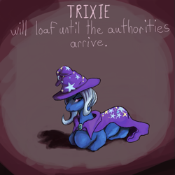 Size: 509x508 | Tagged: safe, artist:thelastenforcement, derpibooru import, trixie, cape, clothes, hat, lying down, ponyloaf, prone, solo, trixie's cape, trixie's hat