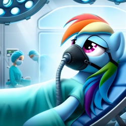 Size: 1024x1024 | Tagged: safe, ai content, derpibooru import, generator:bing image creator, machine learning generated, rainbow dash, human, pegasus, pony, anesthesia, anesthesia mask, black anesthesia mask, blanket, breathing mask, clothes, doctor, hose, hospital gown, lights, mask, multicolored hair, rainbow hair, scrubs (gear), sedation, surgeon, surgery, surgical mask