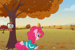 Size: 6000x4000 | Tagged: safe, artist:a4r91n, derpibooru import, pinkie pie, earth pony, pony, acorn, autumn, clothes, jacket, lamp, leaves, lying down, prone, tree