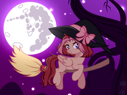 Size: 6000x4500 | Tagged: safe, artist:cursedsooooul, derpibooru import, oc, oc only, pegasus, pony, blushing, broom, commission, cute, female, flying, flying broomstick, full moon, hat, mare, mare in the moon, moon, solo, tree, witch, witch hat, ych result