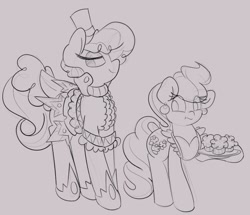 Size: 724x623 | Tagged: safe, artist:umbreow, derpibooru import, cup cake, sapphire shores, earth pony, pony, apron, clothes, female, food, mare, monochrome, muffin, sketch, traditional art