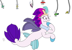 Size: 2942x2024 | Tagged: safe, artist:supahdonarudo, derpibooru import, queen novo, seapony (g4), worm, series:novoember, my little pony: the movie, bait, bubble, cheese, fins, fish tail, fishing hook, food, hook, scared, screaming, simple background, swimming, tail, transparent background, underwater, water