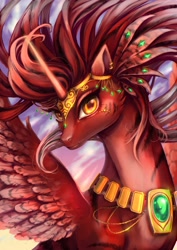 Size: 2480x3508 | Tagged: safe, artist:catofrage, derpibooru import, oc, oc only, alicorn, pony, alicorn oc, bust, ear piercing, earring, female, jewelry, looking at you, mare, necklace, peytral, piercing, portrait, regalia, solo, spread wings, wings