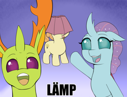 Size: 3000x2288 | Tagged: safe, artist:heretichesh, derpibooru import, ocellus, thorax, oc, oc:lampshade, changedling, changeling, pony, g4, behaving like a moth, bugs doing bug things, foal, gradient background, hat, king thorax, lampshade, lampshade hat, lämp, meme, pointing, talking to viewer, tongue, tongue out, trio, wojak