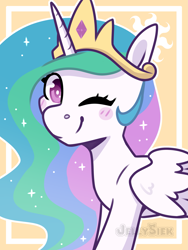 Size: 2067x2756 | Tagged: safe, artist:jellysketch, derpibooru import, part of a set, princess celestia, alicorn, pony, g4, blush sticker, blushing, crown, cute, cutelestia, cutie mark background, ethereal mane, female, high res, horn, jewelry, looking at you, mare, one eye closed, regalia, signature, smiling, smiling at you, solo, wings, wink, winking at you