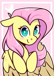 Size: 2039x2894 | Tagged: safe, artist:jellysketch, derpibooru import, part of a set, fluttershy, pegasus, pony, g4, blush sticker, blushing, cute, cutie mark background, daaaaaaaaaaaw, ears, female, floppy ears, high res, hooves to the chest, looking at you, mare, outline, partially open wings, shyabetes, smiling, smiling at you, solo, white outline, wings