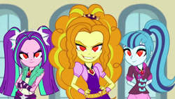 Size: 750x422 | Tagged: safe, derpibooru import, edit, edited screencap, screencap, adagio dazzle, aria blaze, sonata dusk, equestria girls, g4, rainbow rocks, evil grin, flirting, grin, heart, heart eyes, smiling, the dazzlings, wingding eyes