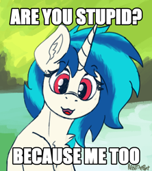 Size: 1630x1838 | Tagged: safe, artist:reddthebat, derpibooru import, dj pon-3, vinyl scratch, earth pony, unicorn, g4, caption, female, image macro, looking at you, mare, missing accessory, no glasses, smiling, smiling at you, solo, talking to viewer, text