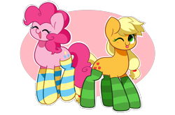 Size: 5723x3776 | Tagged: safe, artist:kittyrosie, derpibooru import, applejack, pinkie pie, earth pony, pony, g4, :p, absurd resolution, clothes, cute, diapinkes, eyes closed, jackabetes, one eye closed, open mouth, simple background, socks, striped socks, tongue, tongue out, transparent background, wink