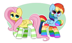 Size: 5688x3388 | Tagged: safe, artist:kittyrosie, derpibooru import, fluttershy, rainbow dash, pegasus, pony, g4, :p, clothes, cute, dashabetes, duo, female, mare, rainbow socks, raised hoof, raised leg, shyabetes, simple background, socks, striped socks, tongue, tongue out, transparent background