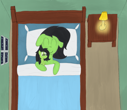 Size: 1471x1276 | Tagged: safe, artist:ponycolton, derpibooru import, oc, oc only, oc:anon filly, pony, bed, cuddling, female, filly, foal, in bed, lamp, pillow, plushie, self plushidox, sleeping, solo, window