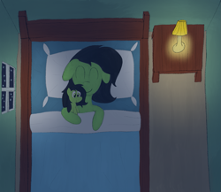 Size: 1471x1276 | Tagged: safe, alternate version, artist:ponycolton, derpibooru import, oc, oc only, oc:anon filly, pony, bed, blanket, cuddling, female, filly, foal, lamp, night, pillow, plushie, self plushidox, sleeping, solo, stars, table, window