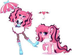 Size: 3492x2684 | Tagged: safe, artist:gihhbloonde, derpibooru import, earth pony, human, pony, equestria girls, bipedal, blue eyes, boots, cardigan, clothes, crossover fusion, fangs, female, fishnet pantyhose, fusion, fusion:draculaura, fusion:pinkie pie, gradient hair, gradient mane, gradient tail, high heel boots, jabot, lightly watermarked, lipstick, long tail, mare, monster high, open mouth, parasol (umbrella), pigtails, pointed ears, raised hoof, raised leg, self paradox, self ponidox, shoes, simple background, skirt, smiling, standing, standing on one leg, tail, transparent background, watermark
