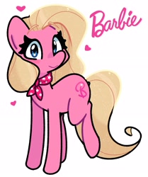 Size: 1911x2284 | Tagged: safe, artist:kindakismet, derpibooru import, earth pony, pony, barbie, barbie (film), heart, neckerchief, ponified, simple background, smiling, solo, species swap, white background