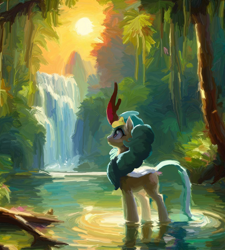 Size: 1976x2200 | Tagged: safe, artist:yidwags, derpibooru import, rain shine, kirin, g4, female, jungle, painterly, painting, partially submerged, scenery, solo, wading, water, waterfall