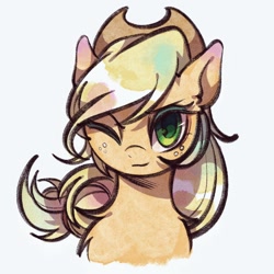 Size: 1080x1080 | Tagged: safe, artist:tkotu1, derpibooru import, applejack, earth pony, pony, g4, chest fluff, female, looking at you, mare, one eye closed, simple background, smiling, smiling at you, solo, white background, wink, winking at you