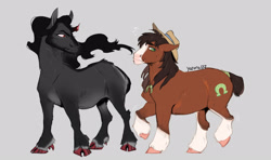 Size: 2550x1512 | Tagged: safe, artist:yozora122, derpibooru import, king sombra, trouble shoes, earth pony, pony, unicorn, g4, broken horn, cloven hooves, crack shipping, gay, gray background, horn, looking at each other, looking at someone, male, shipping, simple background, stallion, story included