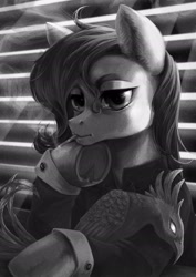 Size: 1920x2717 | Tagged: safe, alternate version, artist:catofrage, derpibooru import, oc, oc only, earth pony, phoenix, pony, black and white, bowtie, cigarette, clothes, female, grayscale, mare, monochrome, smoking, solo